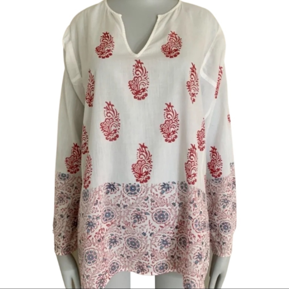 VELVET By Graham & Spencer Block Print Peasant Tunic Blouse 100% Cotton V-Neck - Picture 1 of 15